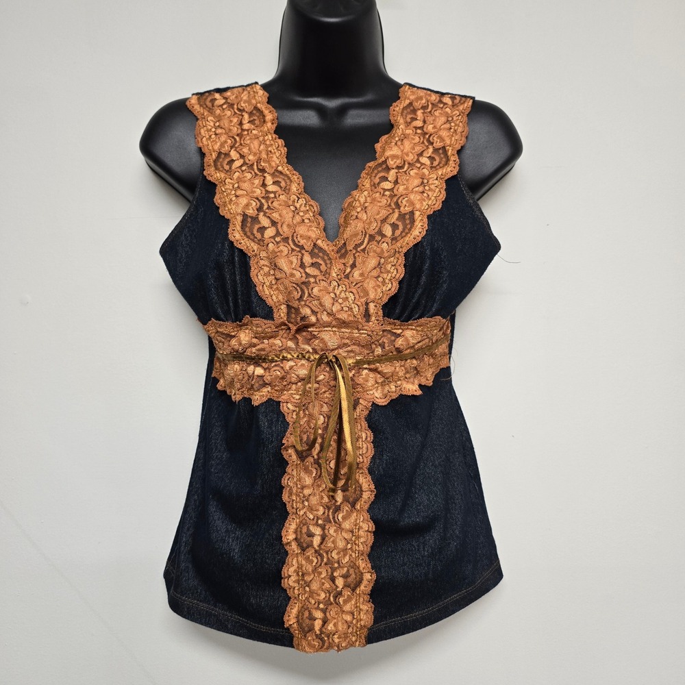 Moa Moa Denim Look Lace Top Womens M Brown Tie Waist Y2K Fairy Grunge Boho